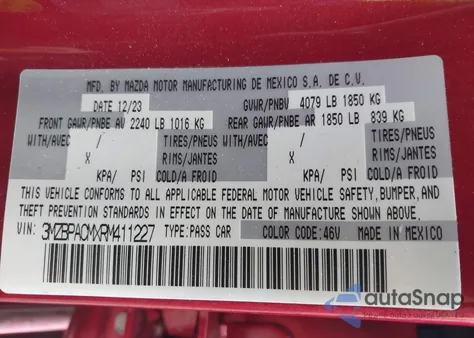 2024 Mazda Mazda3 2.5 S Preferred из США, поврежденный, VIN 3MZBPACMXRM411227